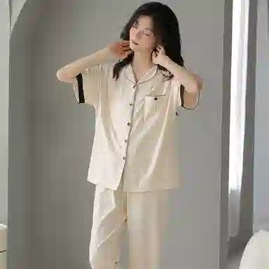 贴身领域 短袖长裤带口袋弹力可外穿棉质休闲家居服睡衣套装 女款 米黄色