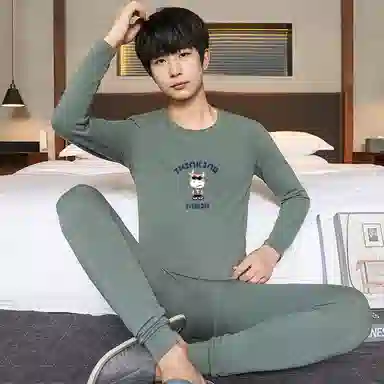 贴身领域 青少年学生青年纯棉时尚可外穿圆领长袖印花秋衣秋裤打底棉毛衫大学生高中生内衣保暖套装 男