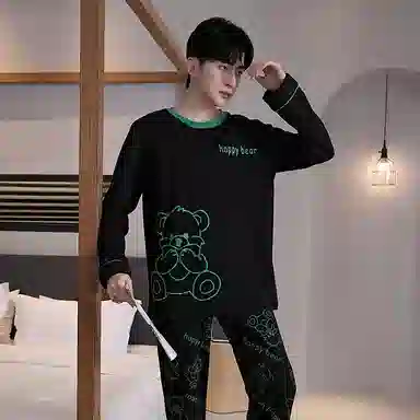 贴身领域 圆领简约上衣松紧腰卡通长裤睡衣套装 男款