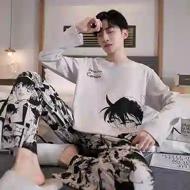 贴身领域 圆领简约上衣松紧腰卡通长裤睡衣套装 男款