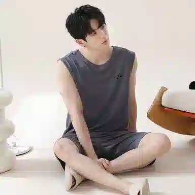 贴身领域 纯色圆领套头无袖睡衣套装 男款 灰色