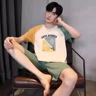 贴身领域 青少年字母印花拼接圆领短袖舒适透气亲肤五分裤可外穿家居服睡衣套装 男款 中绿