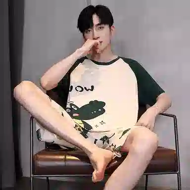 贴身领域 拼接撞色纯棉短袖薄款舒适短裤睡衣套装 男款 浅杏色