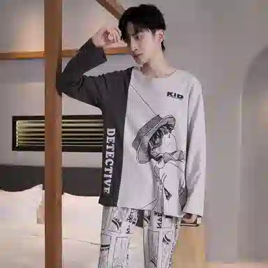 贴身领域 圆领简约上衣松紧腰卡通长裤睡衣套装 男款