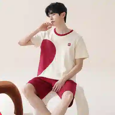 贴身领域 卡通爱心印花短袖上衣透气舒适松紧裤睡衣套装 男款 杏色拼红色