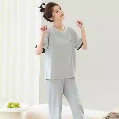 贴身领域 圆领甜美舒适透气可外穿柔软简约亲肤短袖长裤睡衣套装 女款