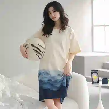 贴身领域 渐变水墨印花薄款纯棉圆领套头短袖休闲可外穿睡衣睡裙 女款 杏色