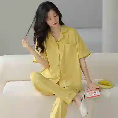 贴身领域 短袖长裤可外穿休闲家居服睡衣套装 女款 黄色
