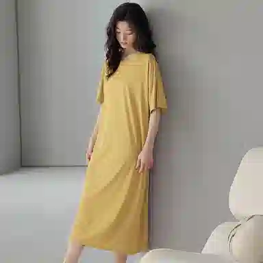 贴身领域 纯色带胸垫薄款套头短袖休闲睡裙 女款 黄色