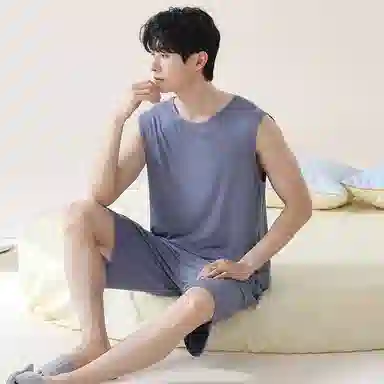 贴身领域 纯色圆领套头无袖睡衣套装 男款 灰蓝