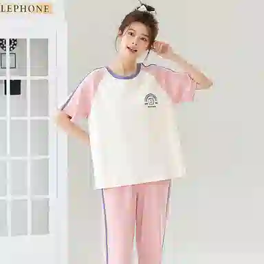 贴身领域 圆领甜美舒适透气可外穿柔软简约亲肤短袖长裤睡衣套装 女款