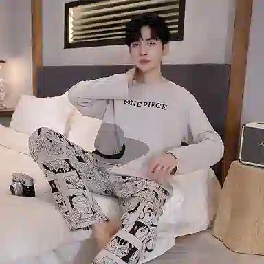 贴身领域 圆领简约上衣松紧腰卡通长裤睡衣套装 男款