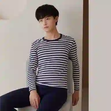 贴身领域 纯棉青少年秋衣条纹薄款可外穿长袖长裤内衣保暖套装 男款