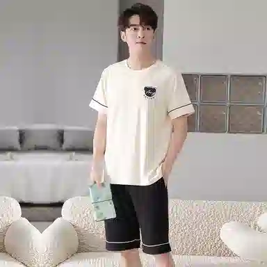 贴身领域 纯棉圆领卡通字母印花短袖松紧腰睡衣套装 男款 杏色