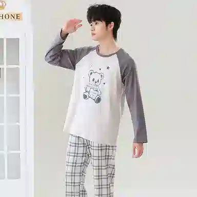 贴身领域 撞色圆领舒适透气可外穿简约亲肤睡衣套装 男款