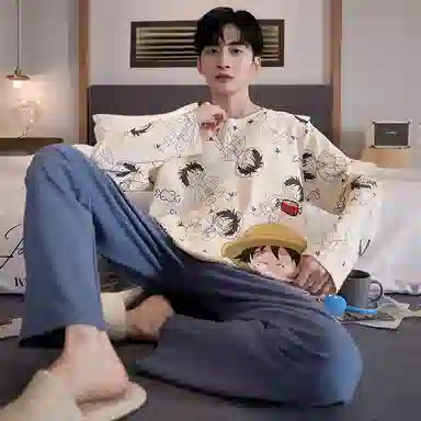 贴身领域 圆领简约上衣松紧腰卡通长裤睡衣套装 男款