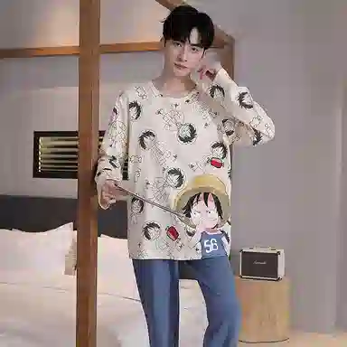 贴身领域 圆领简约上衣松紧腰卡通长裤睡衣套装 男款