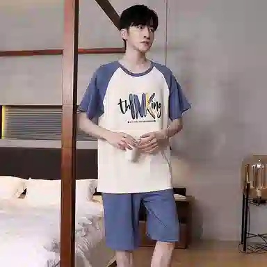 贴身领域 夏季 卡通拼接撞色短袖薄款舒适五分裤睡衣套装 男款 杏色