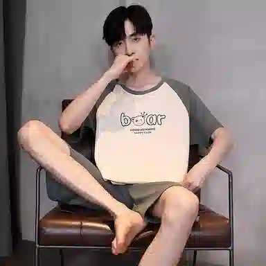 贴身领域 字母印花拼接撞色圆领短袖薄款潮宽松舒适上衣松紧腰五分裤可外穿睡衣套装 男款 绿色