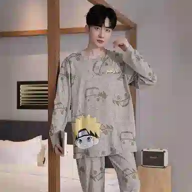 贴身领域 圆领简约上衣松紧腰卡通长裤睡衣套装 男款