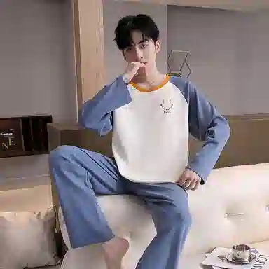 贴身领域 圆领简约上衣松紧腰卡通长裤睡衣套装 男款