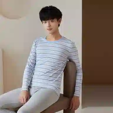 贴身领域 纯棉青少年秋衣条纹薄款可外穿长袖长裤内衣保暖套装 男款