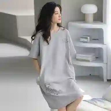 贴身领域 卡通熊印花华夫格薄款纯棉圆领套头短袖休闲可外穿睡衣睡裙 女款 灰色