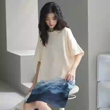 贴身领域 渐变水墨印花薄款纯棉圆领套头短袖休闲可外穿睡衣睡裙 女款 杏色