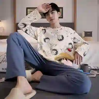 贴身领域 圆领简约上衣松紧腰卡通长裤睡衣套装 男款