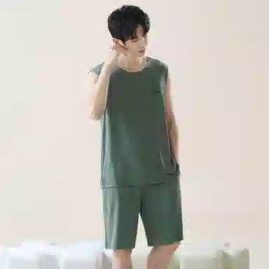 贴身领域 小熊印花圆领套头无袖睡衣套装 男款 树绿