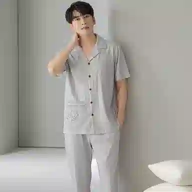 贴身领域 卡通熊印花短袖条纹长裤带口袋薄款休闲可外穿家居服睡衣套装 男款 灰色