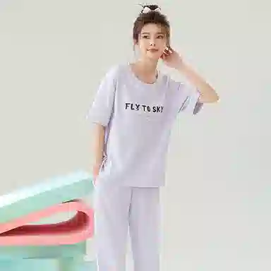 贴身领域 圆领甜美舒适透气可外穿柔软简约亲肤短袖长裤睡衣套装 女款