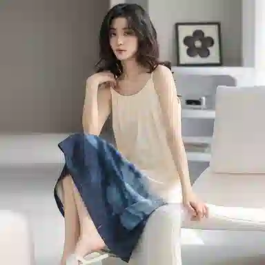 贴身领域 渐变水墨印花纯棉圆领套头休闲可外穿家居服吊带睡裙 女款 杏色