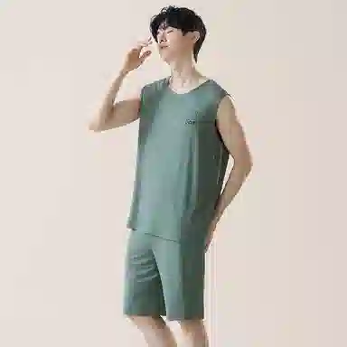 贴身领域 小熊印花圆领套头无袖睡衣套装 男款 树绿