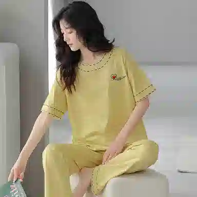 贴身领域 爱心印花圆领短袖格子长裤薄款休闲可外穿家居服睡衣套装 女款 黄色