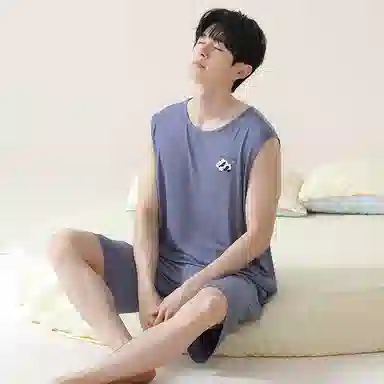 贴身领域 卡通印花圆领可外穿无袖背心松紧腰五分裤薄款柔软亲肤睡衣套装 男款 灰蓝