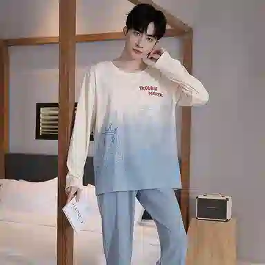 贴身领域 青少年纯棉舒适亲肤字母印花圆领可外穿长袖长裤薄款内衣家居服睡衣套装 男款