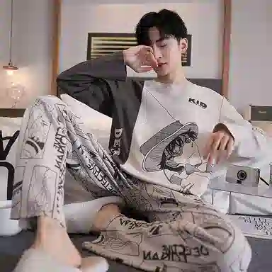 贴身领域 圆领简约上衣松紧腰卡通长裤睡衣套装 男款