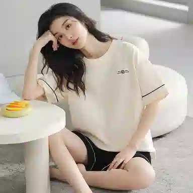 贴身领域 时尚字母圆领短袖带口袋可外穿薄款棉质休闲家居服三分裤睡衣套装 女款 图色