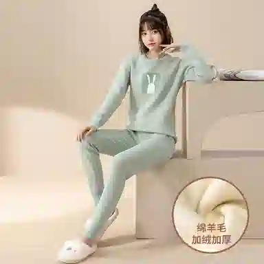 贴身领域 华夫格加绒加厚可爱圆领磨毛绒感秋衣秋裤防寒保暖套装 女款