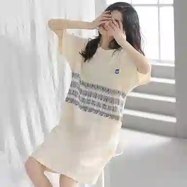 贴身领域 条纹印花圆领套头宽松休闲可外穿短袖 夏季睡裙 女款 米黄