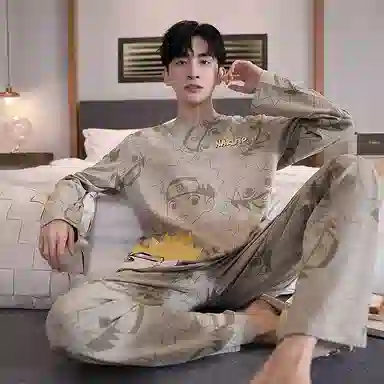 贴身领域 圆领简约上衣松紧腰卡通长裤睡衣套装 男款