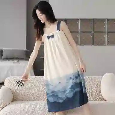 贴身领域 女士水墨印花蝴蝶结可外穿可爱无袖吊带睡裙 女款 杏色
