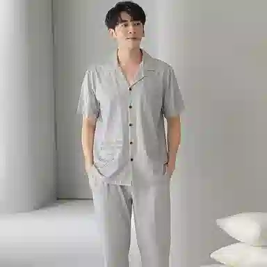 贴身领域 卡通熊印花短袖条纹长裤带口袋薄款休闲可外穿家居服睡衣套装 男款 灰色