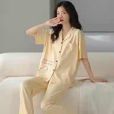 贴身领域 卡通薄款休闲短袖长裤可外穿家居服睡衣套装 女款 黄色