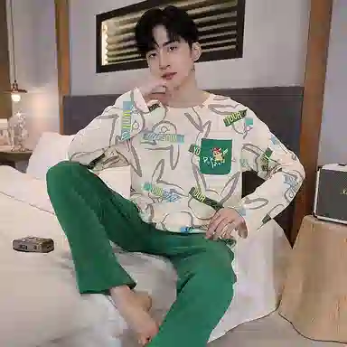 贴身领域 圆领简约上衣松紧腰卡通长裤睡衣套装 男款