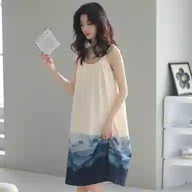 贴身领域 渐变水墨印花纯棉圆领套头休闲可外穿家居服吊带睡裙 女款 杏色