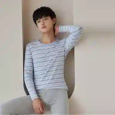 贴身领域 纯棉青少年秋衣条纹薄款可外穿长袖长裤内衣保暖套装 男款