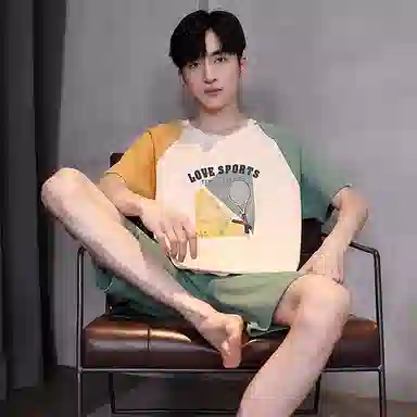 贴身领域 青少年字母印花拼接圆领短袖舒适透气亲肤五分裤可外穿家居服睡衣套装 男款 中绿