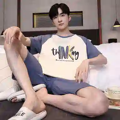 贴身领域 夏季 卡通拼接撞色短袖薄款舒适五分裤睡衣套装 男款 杏色